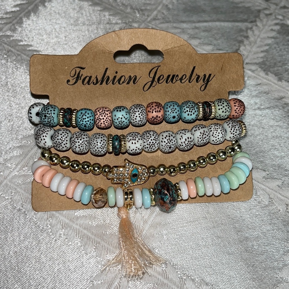 New Boho multicolored stackable stretch bead bracelets. (4)